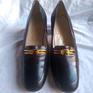 Salvatore Ferragamo Black Leather Block Heels FF Logo Women Sz 7 Luxury Designer